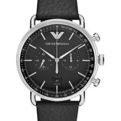 Emporio Armani Aviator Chronograph Black Dial Black Leather Strap Watch For Men - AR11143